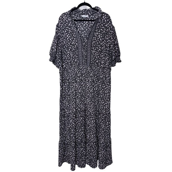 London Times Maxi Dress Woman Black Floral Size 18 SmockedTiered Short Sleeves - Picture 1 of 14